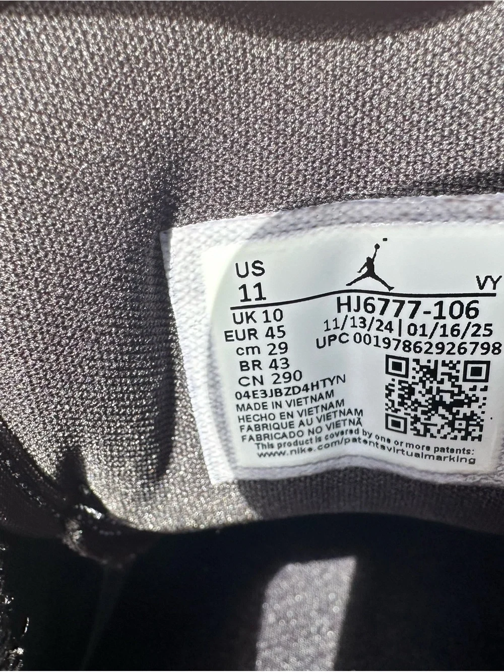Jordan Black and Gray Sneaker Interior Label